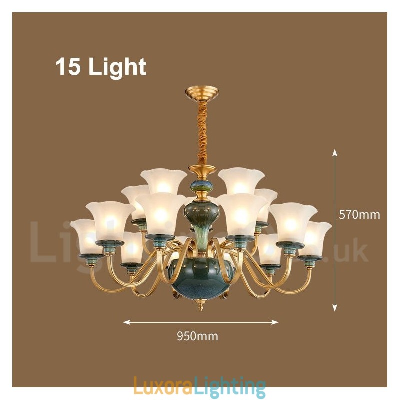 Designer Touch Decorative Retro Vintage Brass Ceramics Pendant Candle Chandelier with Glass Shades