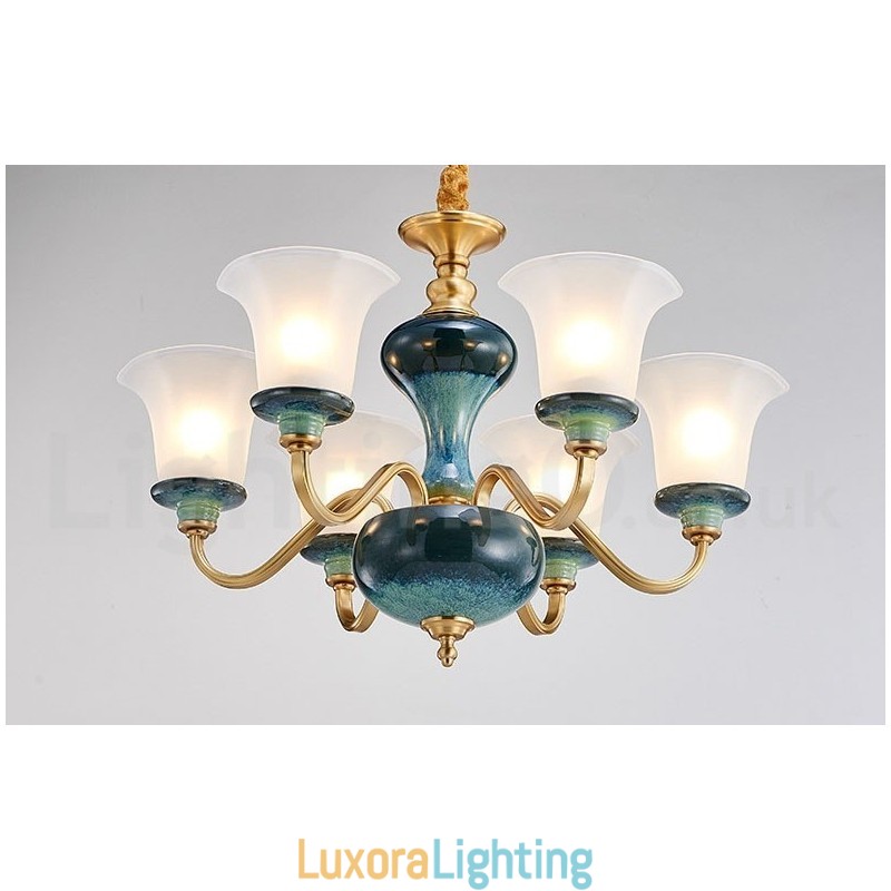 Designer Touch Decorative Retro Vintage Brass Ceramics Pendant Candle Chandelier with Glass Shades