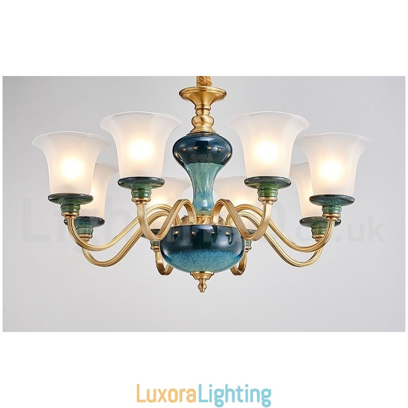 Designer Touch Decorative Retro Vintage Brass Ceramics Pendant Candle Chandelier with Glass Shades