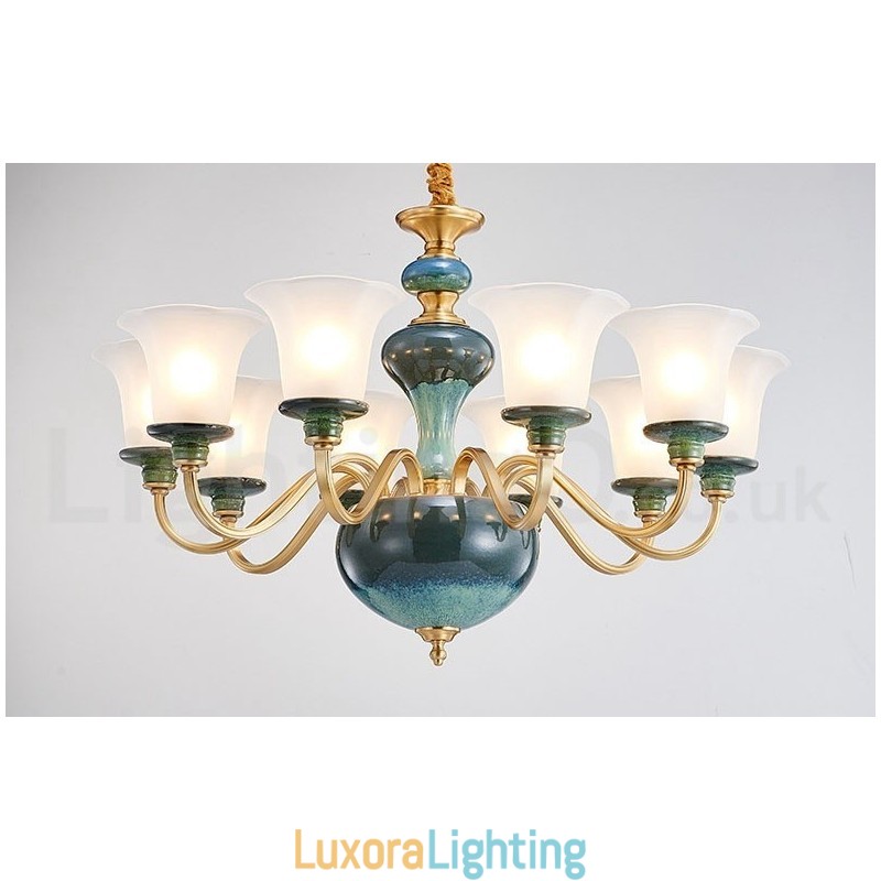 Designer Touch Decorative Retro Vintage Brass Ceramics Pendant Candle Chandelier with Glass Shades