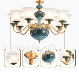 Designer Touch Decorative Retro Vintage Brass Ceramics Pendant Candle Chandelier with Glass Shades