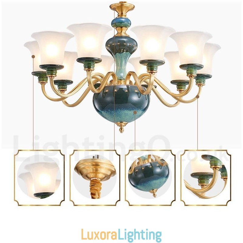 Designer Touch Decorative Retro Vintage Brass Ceramics Pendant Candle Chandelier with Glass Shades