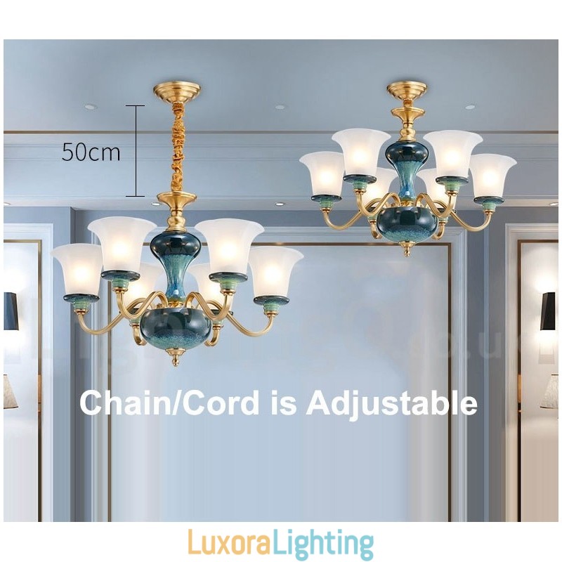 Designer Touch Decorative Retro Vintage Brass Ceramics Pendant Candle Chandelier with Glass Shades