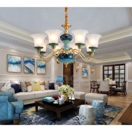 Designer Touch Decorative Retro Vintage Brass Ceramics Pendant Candle Chandelier with Glass Shades