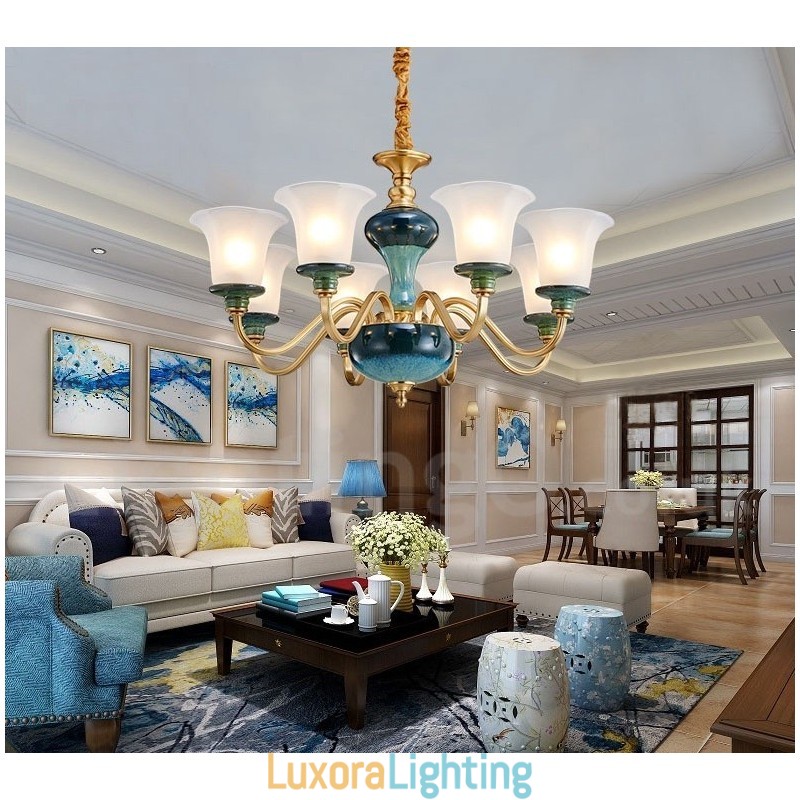 Designer Touch Decorative Retro Vintage Brass Ceramics Pendant Candle Chandelier with Glass Shades