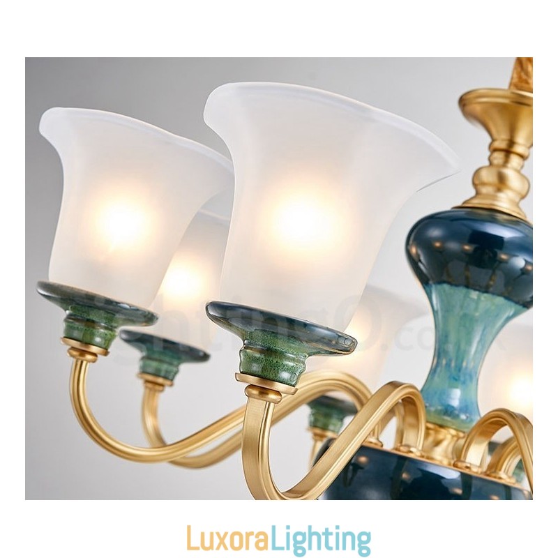 Designer Touch Decorative Retro Vintage Brass Ceramics Pendant Candle Chandelier with Glass Shades