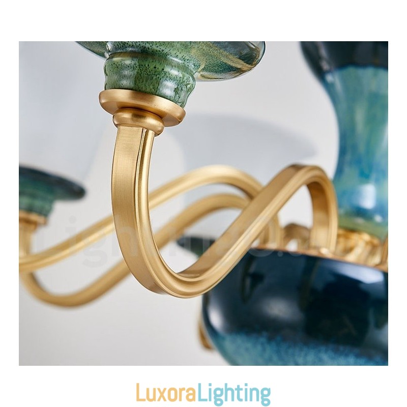 Designer Touch Decorative Retro Vintage Brass Ceramics Pendant Candle Chandelier with Glass Shades