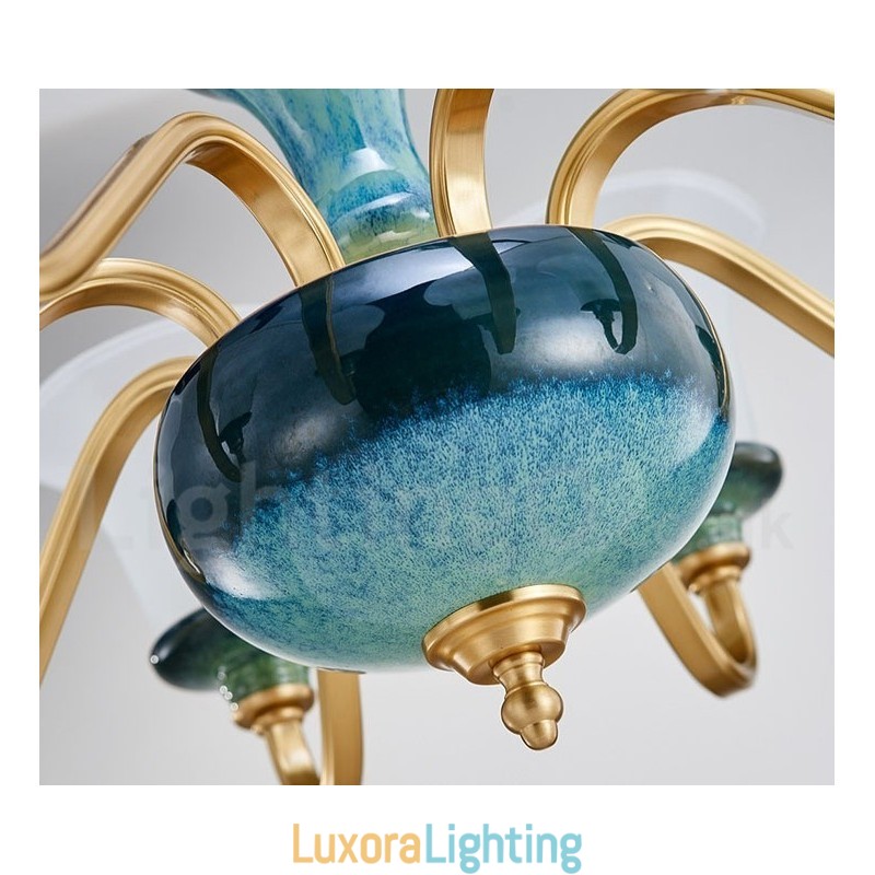 Designer Touch Decorative Retro Vintage Brass Ceramics Pendant Candle Chandelier with Glass Shades