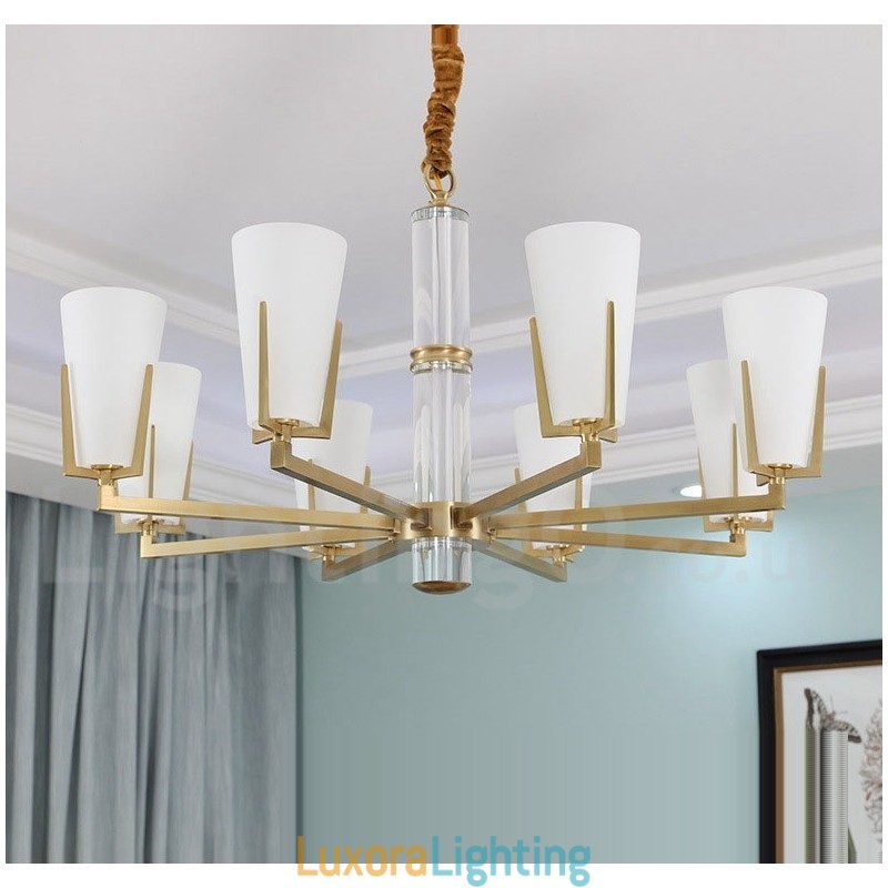 Designer Touch Decorative Retro Vintage Brass Crystals Pendant Candle Chandelier with Glass Shades