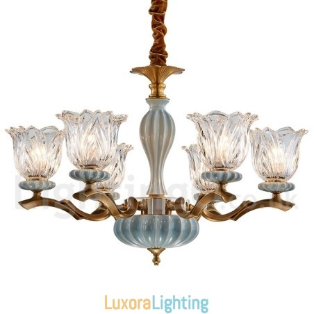 Designer Touch Decorative Retro Vintage Brass Ceramics Pendant Candle Chandelier with Glass Shades