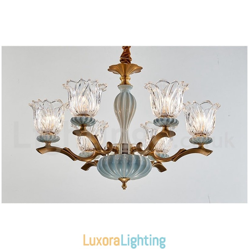 Designer Touch Decorative Retro Vintage Brass Ceramics Pendant Candle Chandelier with Glass Shades