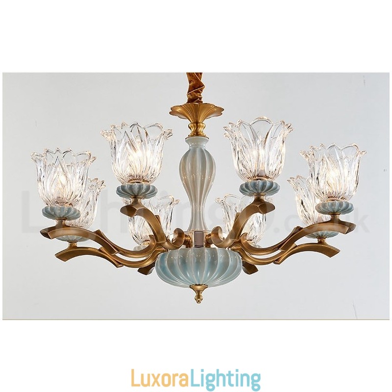 Designer Touch Decorative Retro Vintage Brass Ceramics Pendant Candle Chandelier with Glass Shades