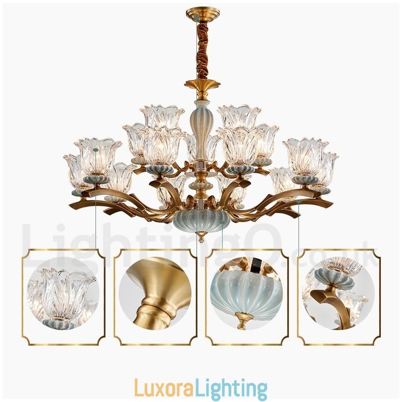 Designer Touch Decorative Retro Vintage Brass Ceramics Pendant Candle Chandelier with Glass Shades