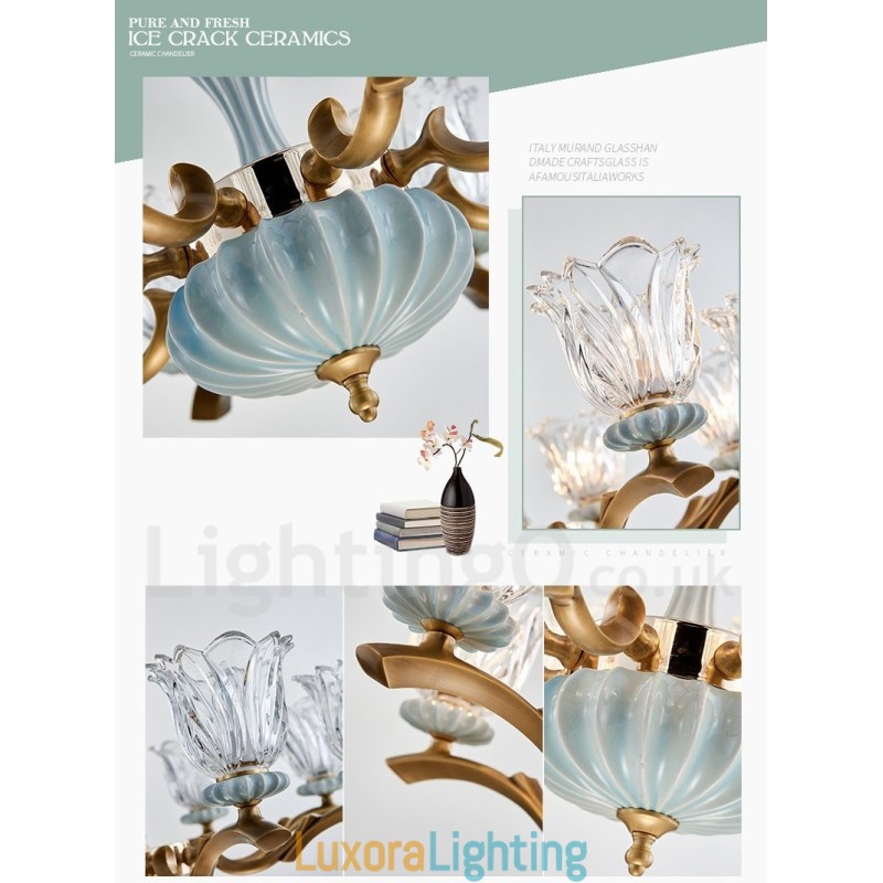 Designer Touch Decorative Retro Vintage Brass Ceramics Pendant Candle Chandelier with Glass Shades
