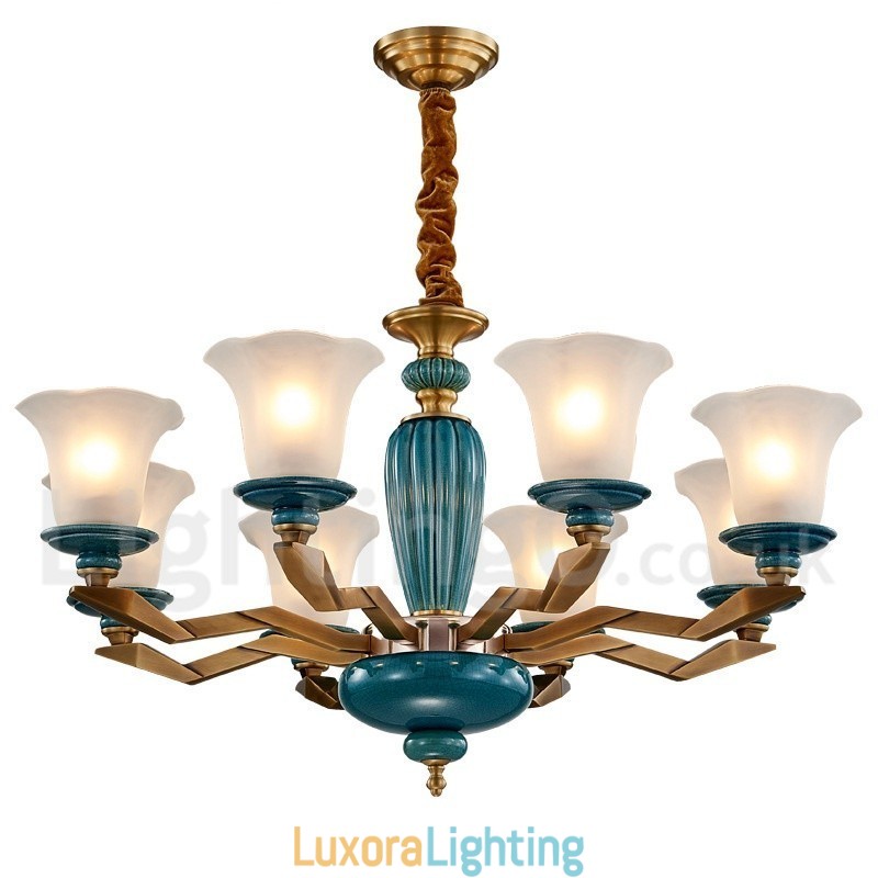 Designer Touch Decorative Retro Vintage Brass Ceramics Pendant Candle Chandelier with Glass Shades