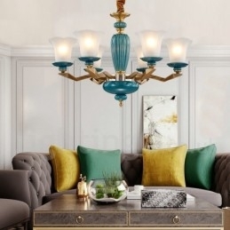 Designer Touch Decorative Retro Vintage Brass Ceramics Pendant Candle Chandelier with Glass Shades