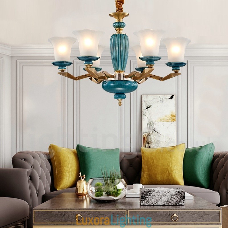 Designer Touch Decorative Retro Vintage Brass Ceramics Pendant Candle Chandelier with Glass Shades