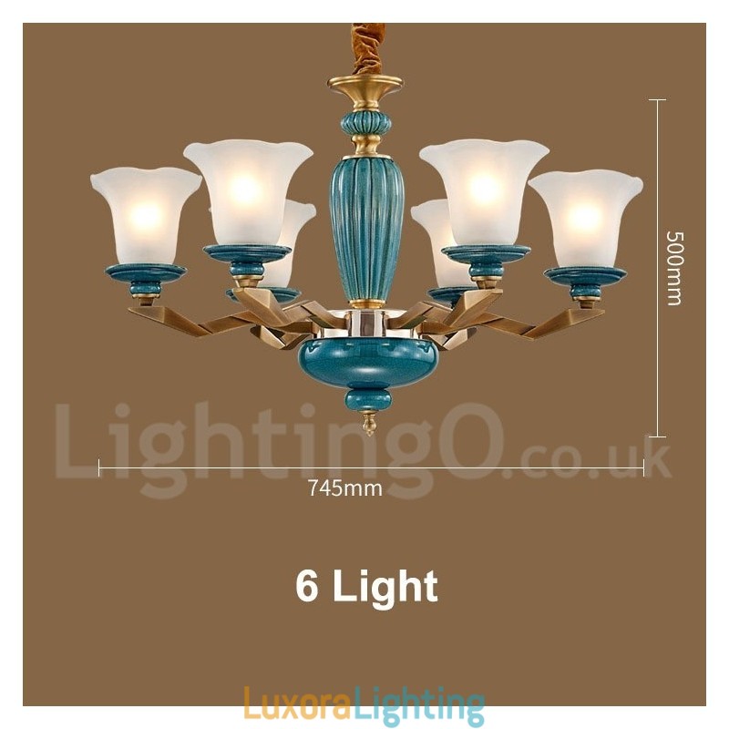 Designer Touch Decorative Retro Vintage Brass Ceramics Pendant Candle Chandelier with Glass Shades