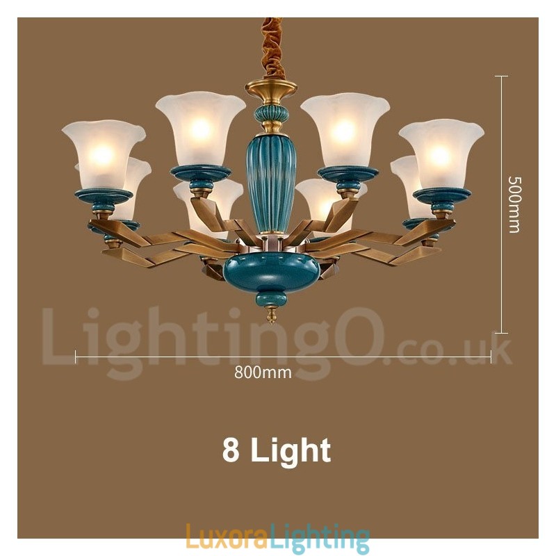 Designer Touch Decorative Retro Vintage Brass Ceramics Pendant Candle Chandelier with Glass Shades