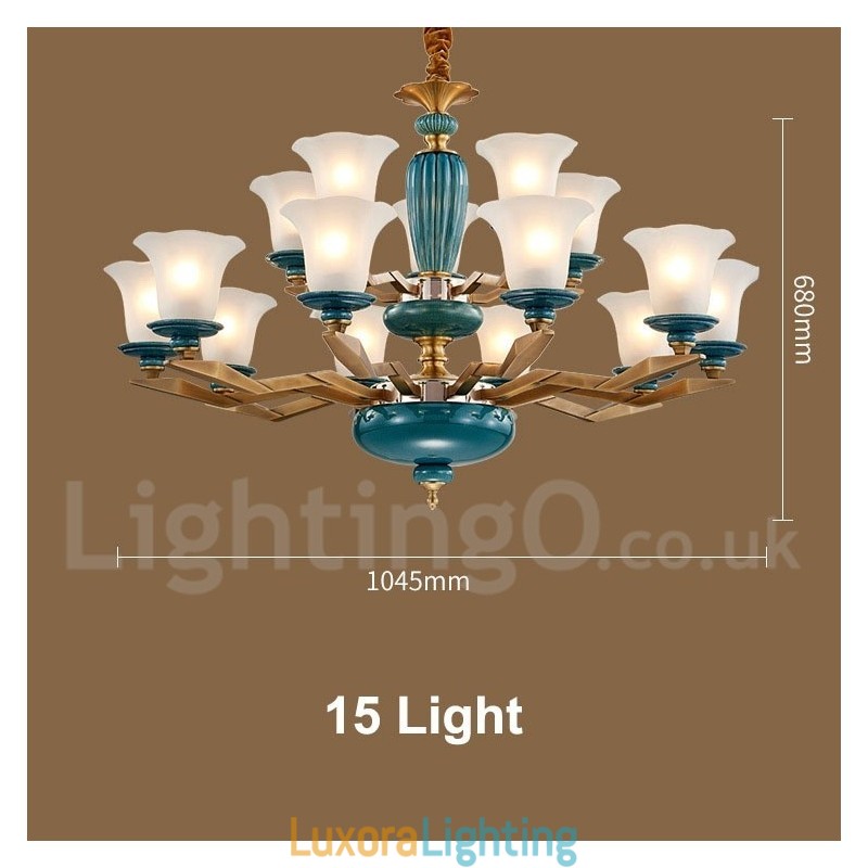 Designer Touch Decorative Retro Vintage Brass Ceramics Pendant Candle Chandelier with Glass Shades