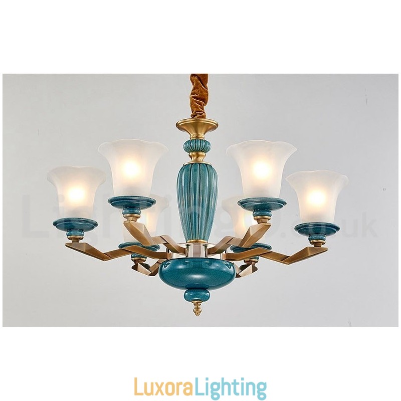 Designer Touch Decorative Retro Vintage Brass Ceramics Pendant Candle Chandelier with Glass Shades