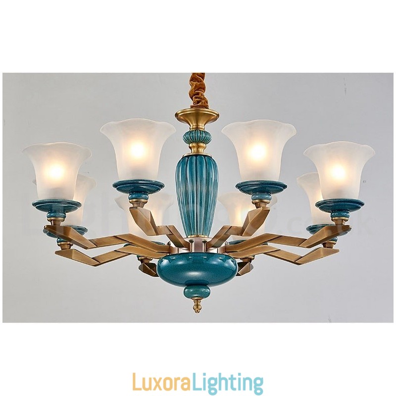 Designer Touch Decorative Retro Vintage Brass Ceramics Pendant Candle Chandelier with Glass Shades