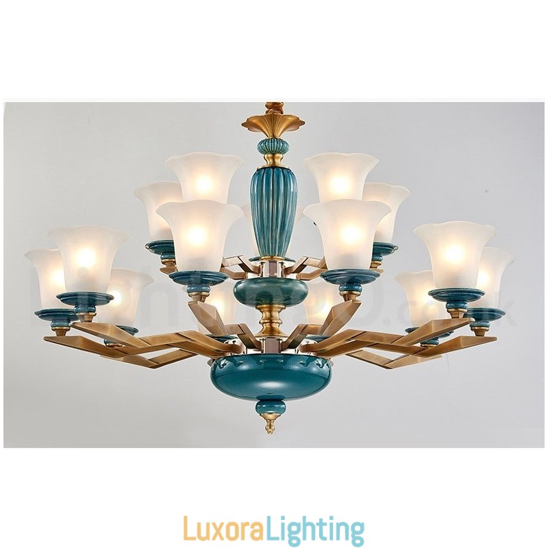 Designer Touch Decorative Retro Vintage Brass Ceramics Pendant Candle Chandelier with Glass Shades