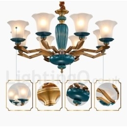 Designer Touch Decorative Retro Vintage Brass Ceramics Pendant Candle Chandelier with Glass Shades