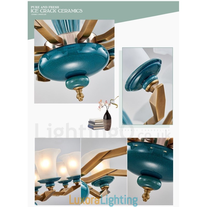 Designer Touch Decorative Retro Vintage Brass Ceramics Pendant Candle Chandelier with Glass Shades