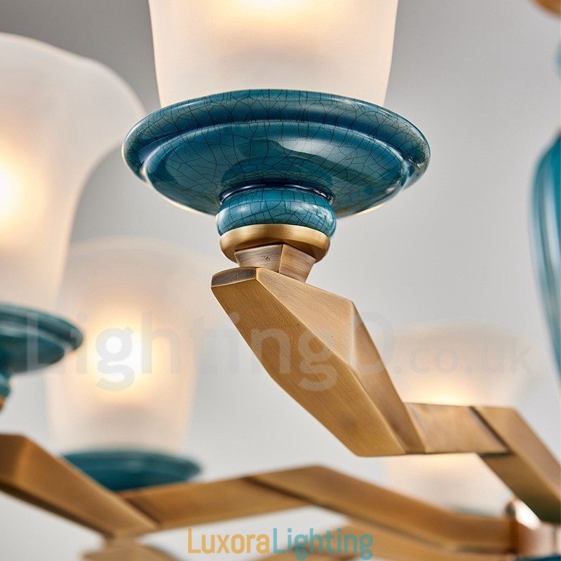 Designer Touch Decorative Retro Vintage Brass Ceramics Pendant Candle Chandelier with Glass Shades