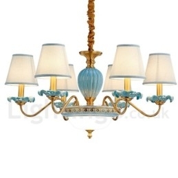 Designer Touch Decorative Retro Vintage Brass Ceramics Pendant Candle Chandelier with Blue Fabric Shades