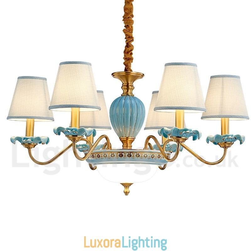 Designer Touch Decorative Retro Vintage Brass Ceramics Pendant Candle Chandelier with Blue Fabric Shades