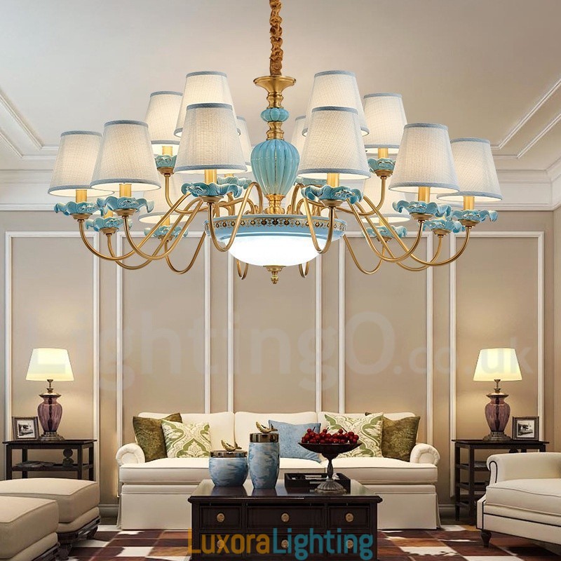 Designer Touch Decorative Retro Vintage Brass Ceramics Pendant Candle Chandelier with Blue Fabric Shades