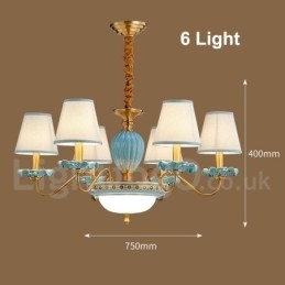 Designer Touch Decorative Retro Vintage Brass Ceramics Pendant Candle Chandelier with Blue Fabric Shades