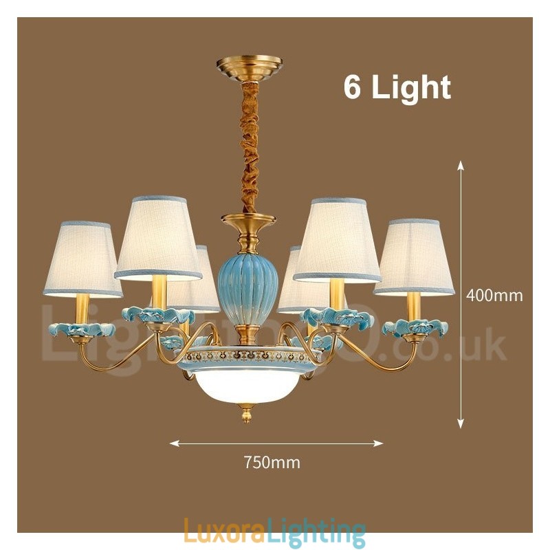 Designer Touch Decorative Retro Vintage Brass Ceramics Pendant Candle Chandelier with Blue Fabric Shades