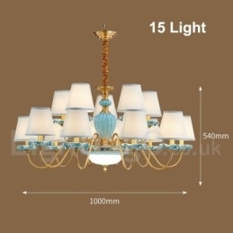 Designer Touch Decorative Retro Vintage Brass Ceramics Pendant Candle Chandelier with Blue Fabric Shades