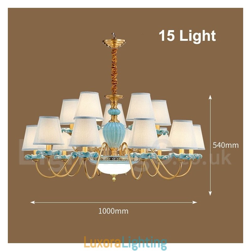 Designer Touch Decorative Retro Vintage Brass Ceramics Pendant Candle Chandelier with Blue Fabric Shades