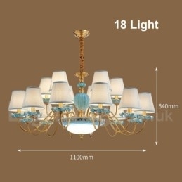 Designer Touch Decorative Retro Vintage Brass Ceramics Pendant Candle Chandelier with Blue Fabric Shades