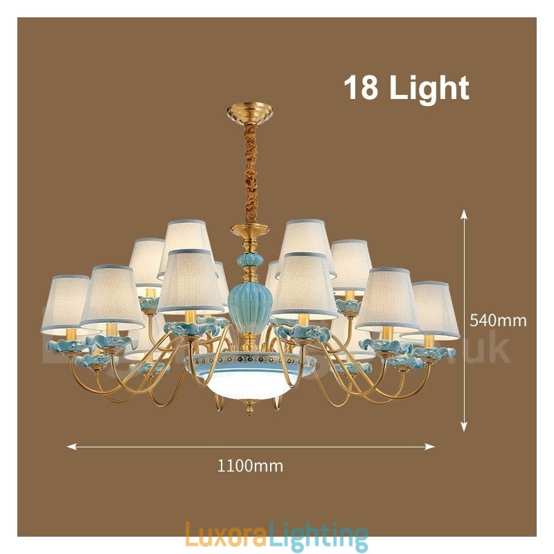 Designer Touch Decorative Retro Vintage Brass Ceramics Pendant Candle Chandelier with Blue Fabric Shades