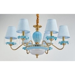 Designer Touch Decorative Retro Vintage Brass Ceramics Pendant Candle Chandelier with Blue Fabric Shades