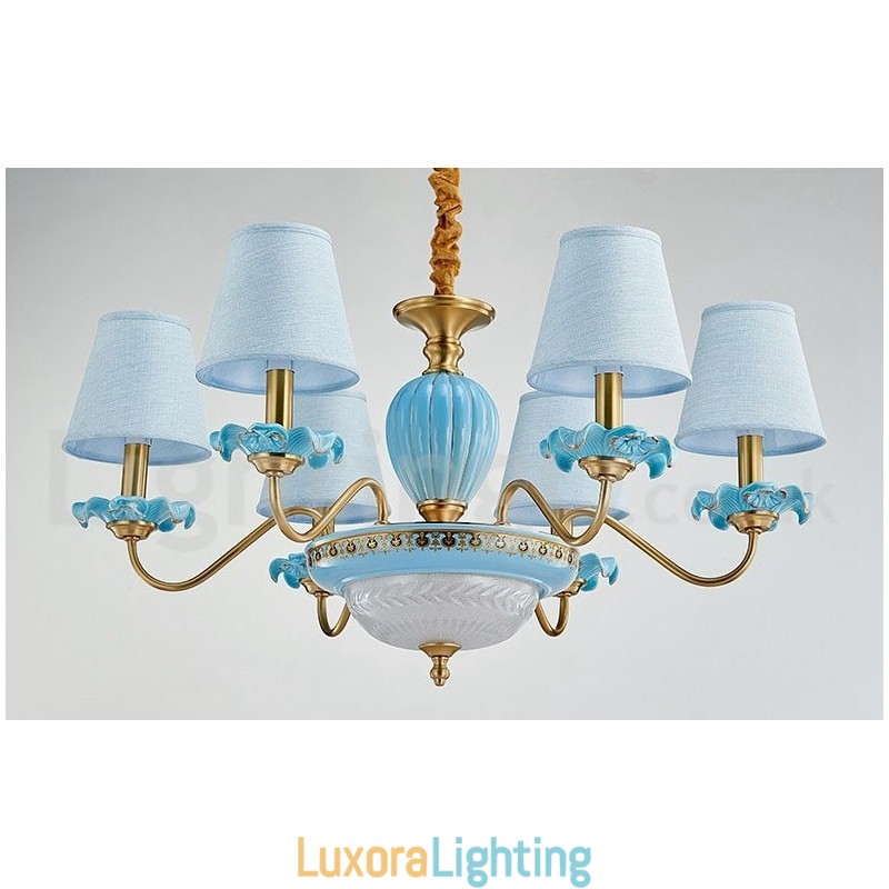 Designer Touch Decorative Retro Vintage Brass Ceramics Pendant Candle Chandelier with Blue Fabric Shades