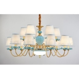Designer Touch Decorative Retro Vintage Brass Ceramics Pendant Candle Chandelier with Blue Fabric Shades