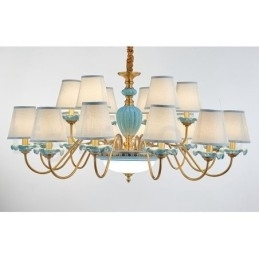 Designer Touch Decorative Retro Vintage Brass Ceramics Pendant Candle Chandelier with Blue Fabric Shades