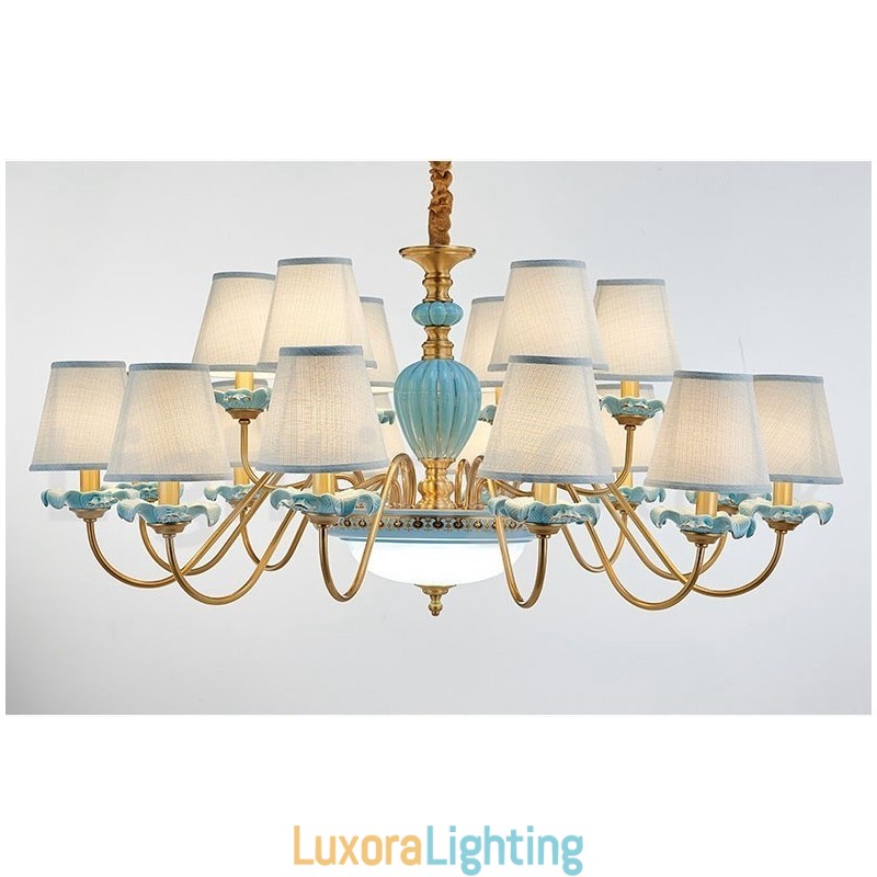 Designer Touch Decorative Retro Vintage Brass Ceramics Pendant Candle Chandelier with Blue Fabric Shades