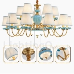 Designer Touch Decorative Retro Vintage Brass Ceramics Pendant Candle Chandelier with Blue Fabric Shades