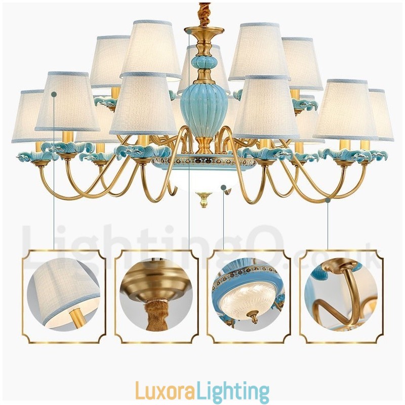 Designer Touch Decorative Retro Vintage Brass Ceramics Pendant Candle Chandelier with Blue Fabric Shades