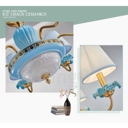 Designer Touch Decorative Retro Vintage Brass Ceramics Pendant Candle Chandelier with Blue Fabric Shades