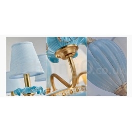 Designer Touch Decorative Retro Vintage Brass Ceramics Pendant Candle Chandelier with Blue Fabric Shades