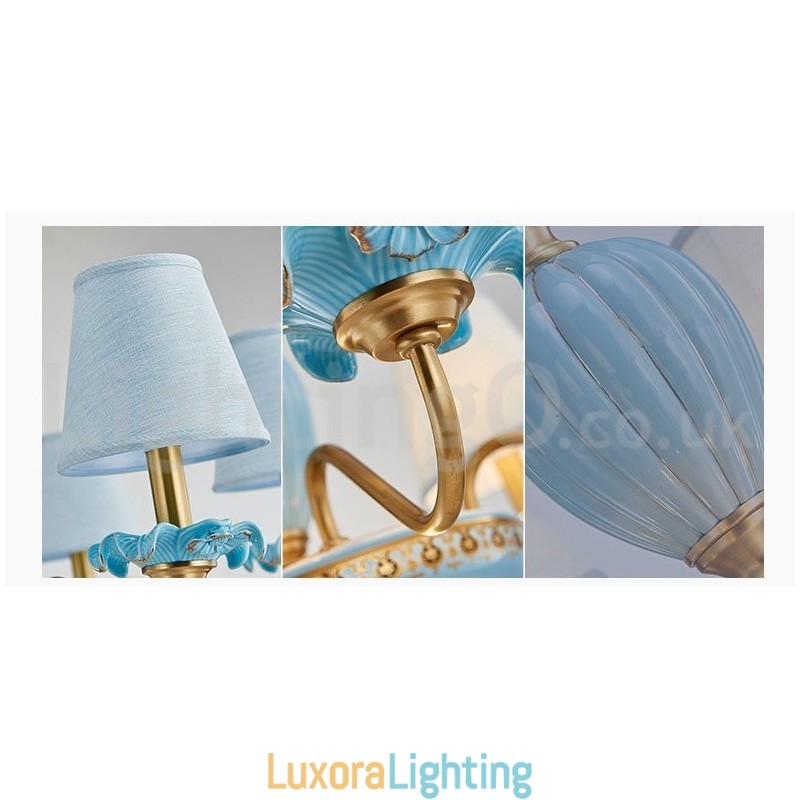 Designer Touch Decorative Retro Vintage Brass Ceramics Pendant Candle Chandelier with Blue Fabric Shades