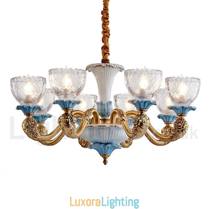Designer Touch Decorative Retro Vintage Brass Ceramics Pendant Candle Chandelier with Glass Shades